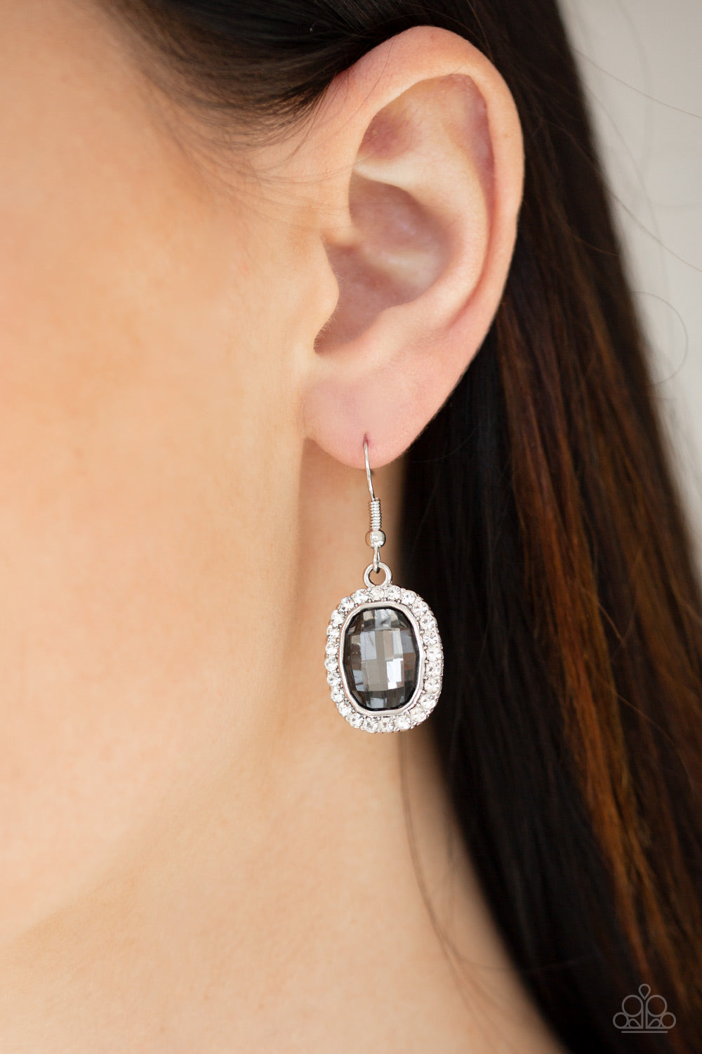 The Modern Monroe - Silver and Smoky Gem Earrings - Paparazzi Accessories - A smoky gem is pressed into a shimmery silver frame radiating with glassy white rhinestones for a timeless fashion. Earring attaches to a standard fishhook fitting.
