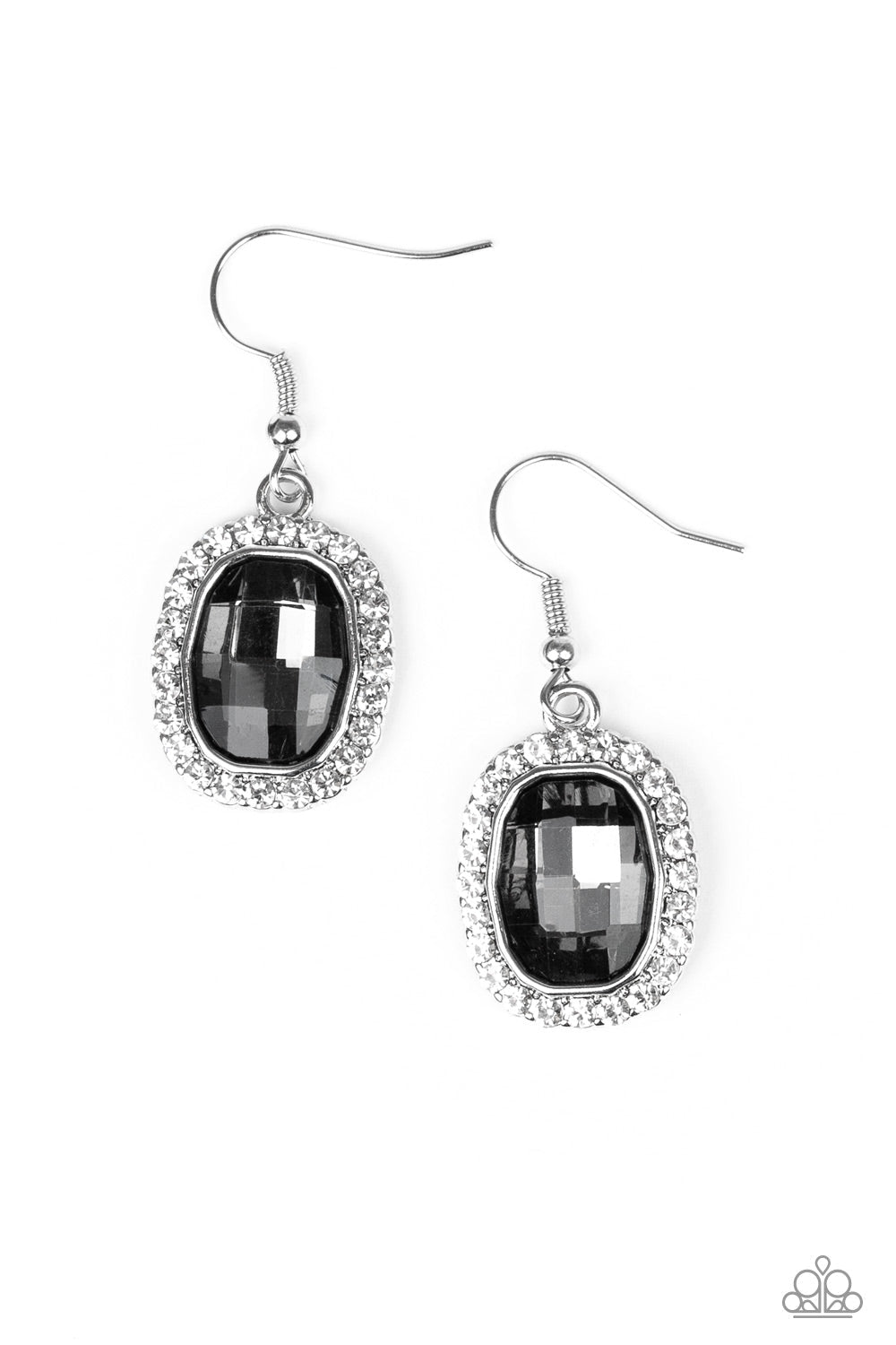 The Modern Monroe - Silver and Smoky Gem Earrings - Paparazzi Accessories - A smoky gem is pressed into a shimmery silver frame radiating with glassy white rhinestones for a timeless fashion. Earring attaches to a standard fishhook fitting.