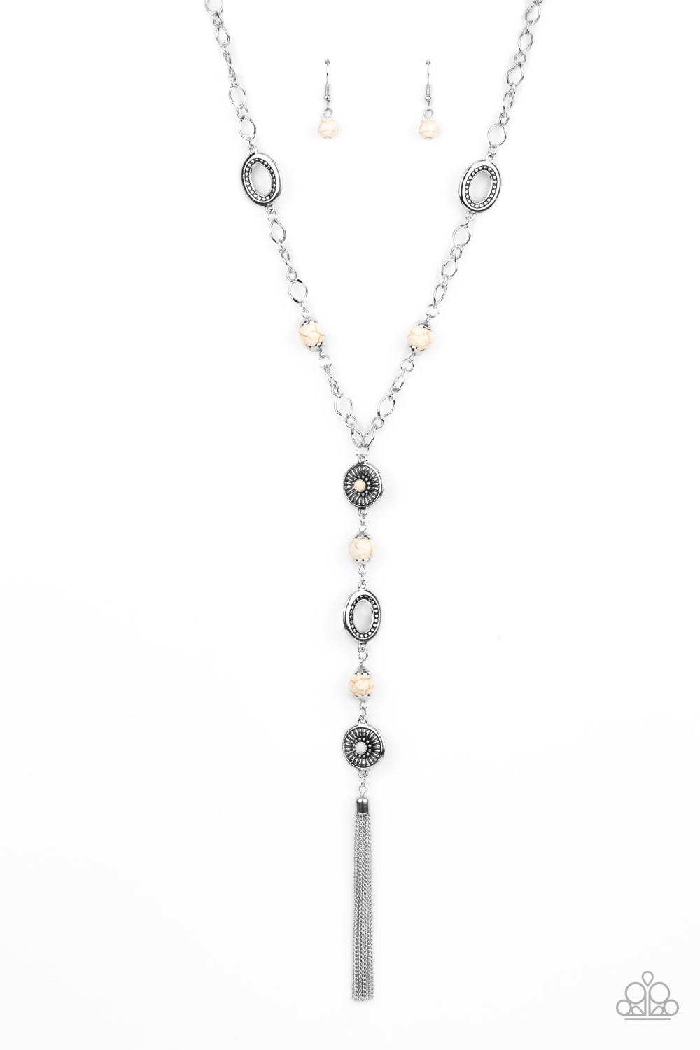 The Natural Order - White Stone - Silver Necklace - Paparazzi Accessories - Dotted with dainty white stone centers, silver floral frames join mismatched silver accents and earthy white stones along an extended tassel that connects to sections of chunky silver chain. A shimmery silver chain tassel dances from the bottom of the display, adding whimsical movement to the free-spirited design. Features an adjustable clasp closure.