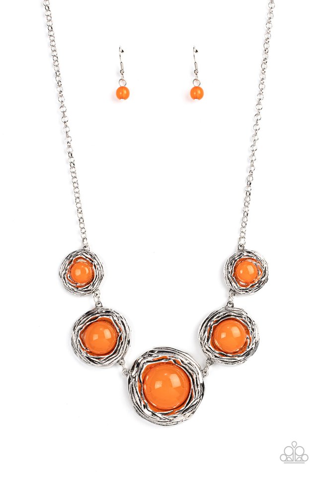 The Next Nest Thing - Orange and Silver Necklace - Paparazzi Accessories - Gradually increasing in size, a bubbly collection of oversized glassy orange beads adorn the centers of folds of silver buds below the collar for a seasonal fashion. Features an adjustable clasp closure. Sold as one individual necklace.