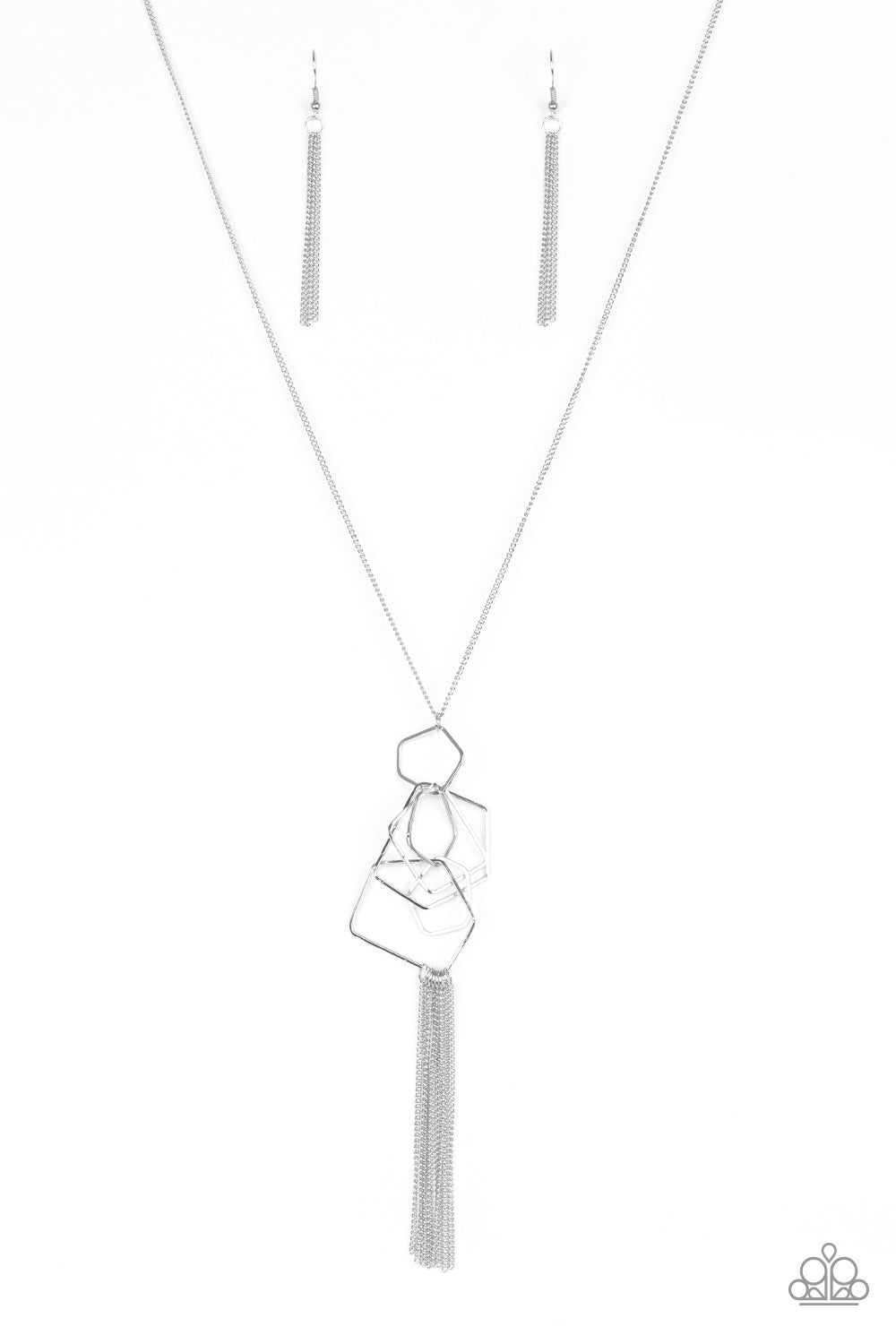 The Penthouse - Silver Long Chain Fashion Necklace - Paparazzi Accessories - Glistening silver bars bend into airy pentagon shaped frames as they trickle from the bottom of an elongated gunmetal chain, creating an edgy clustered pendant. A shiny silver tassel swings from the trendy geometric pendant for a flirtatious finish. Features an adjustable clasp closure. Sold as one individual necklace