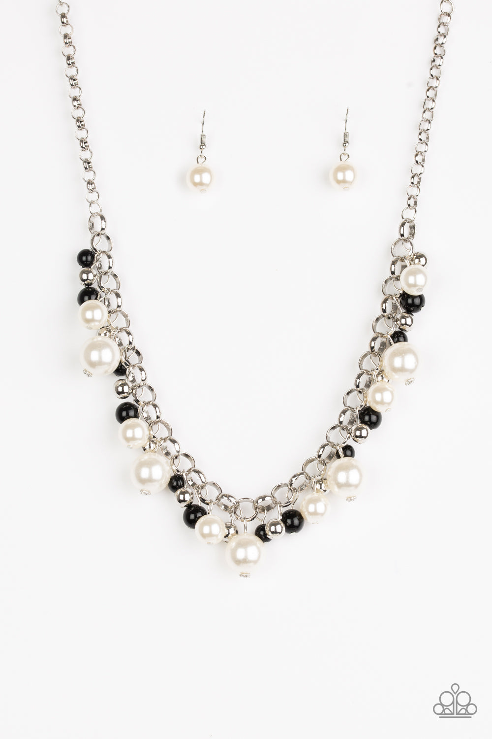 The Upstater - Black and White Pearl Necklace - Paparazzi Accessories - Varying in size, bubbly white pearls, classic silver beads, and shiny black beads swing from the bottom of a glistening silver chain, creating a refined fringe below the collar. Features an adjustable clasp closure. Bejeweled Accessories By Kristie - Trendy fashion jewelry for everyone -