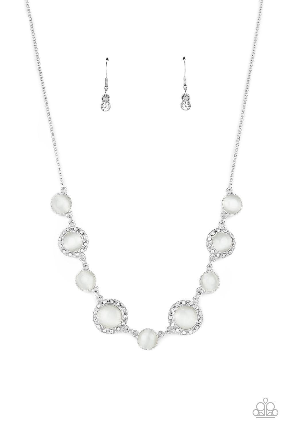 Too Good to BEAM True - White Cat's Eye Stone and Silver Necklace - Paparazzi Accessories - Featuring classic silver fittings or white rhinestone encrusted silver frames, a mesmerizing collection of glowing white cat's eye stones delicately link below the collar for an ethereal pop of color. Features an adjustable clasp closure. Sold as one individual necklace.