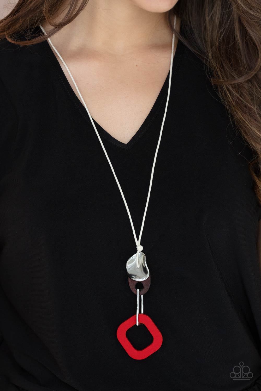 Top Of The WOOD Chain - Red Brown Silver Necklace - Paparazzi Jewelry - Bejeweled Accessories By Kristie - A hammered silver disc, brown wooden frame, hammered silver rectangular frame, and red wooden square frame link into an abstract pendant at the bottom of a white cord. Features an adjustable clasp closure.