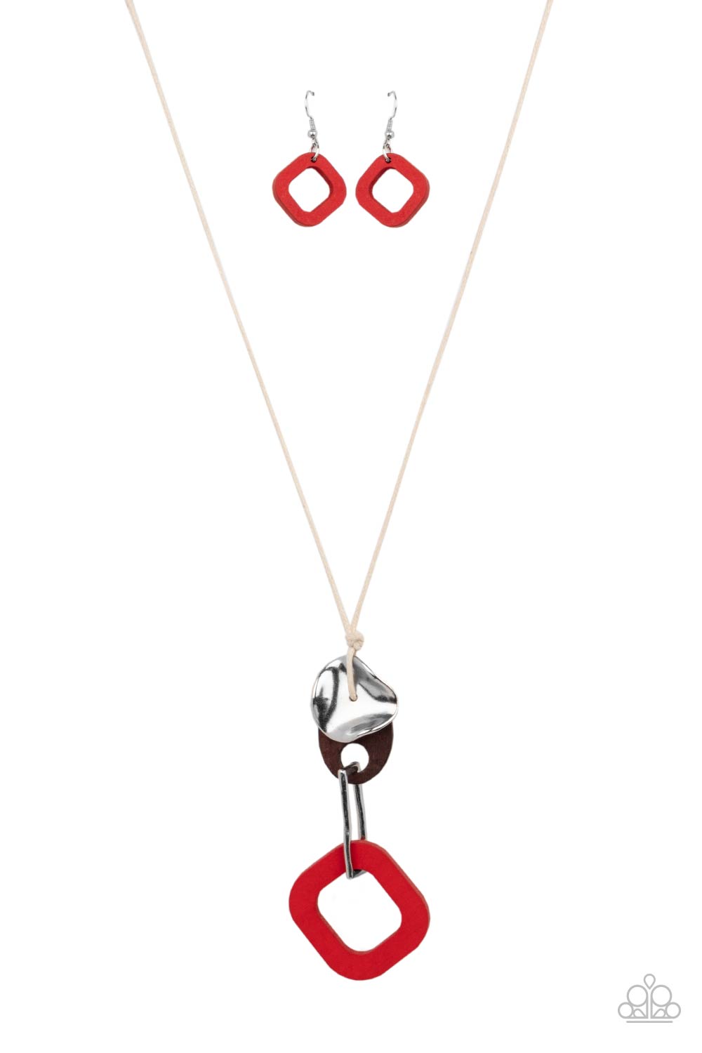Top Of The WOOD Chain - Red Brown Silver Necklace - Paparazzi Accessories - A hammered silver disc, brown wooden frame, hammered silver rectangular frame, and red wooden square frame link into an abstract pendant at the bottom of a white cord. Features an adjustable clasp closure.