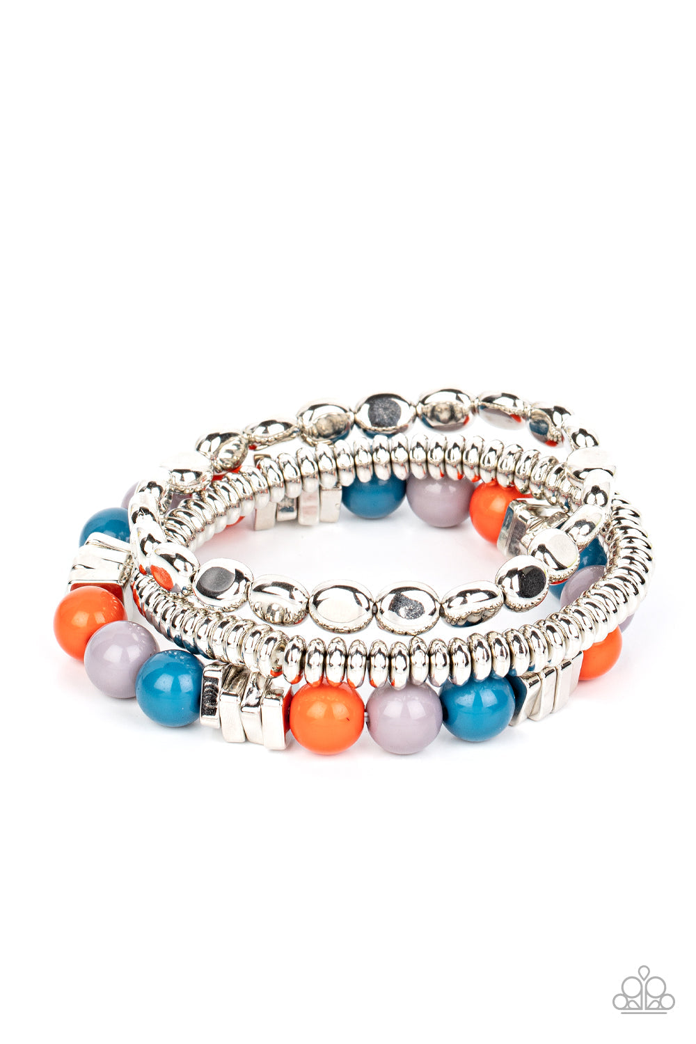 Tour de Tourist Silver Stretchy Bracelets - Paparazzi Accessories - collection of silver discs, silver cubes, bubbly multicolored acrylic, and silver pebble-like beads that are colorful with orange, blue and gray. Threaded along stretchy bands around the wrist, creating fiery layers. Sold as one set of three bracelets.
