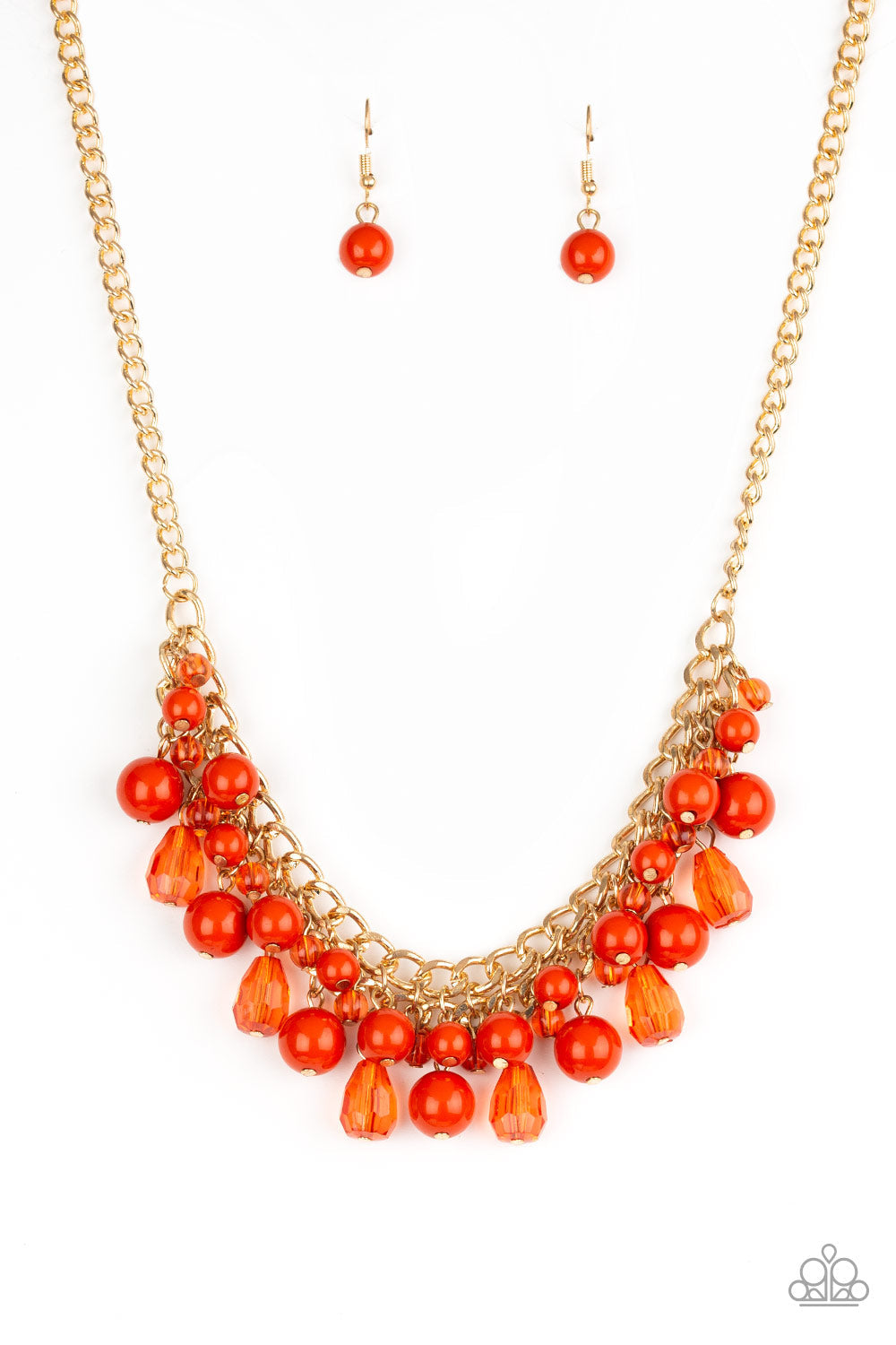 Tour de Trendsetter - Orange and Gold Necklace - Paparazzi Accessories - Varying in shape, glassy and polished orange beads swing from the bottom of interlocking gold chains. Crystal-like teardrops are sprinkled along the colorful beading, creating a flirtatious fringe below collar.