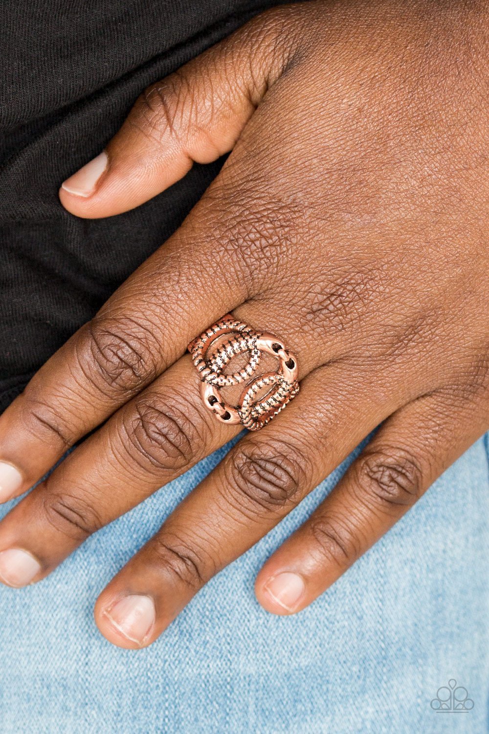 TRIO de Janeiro - Copper Fashion Ring - Paparazzi Accessories - Unique copper fashion ring etched in edgy asymmetrical textures, three glistening copper rings link across the finger, creating a bold industrial centerpiece. Bejeweled Accessories By Kristie - Trendy fashion jewelry for everyone -