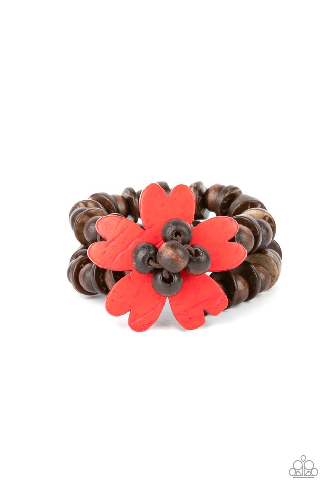Tropical Flavor - Red Flower - Brown Wood Fashion Bracelet - Paparazzi Accessories - Heart-shaped petals, a red wood flower sits atop double strands of wooden beads threaded along stretchy bands for a tropical flair stylish wood bracelet.