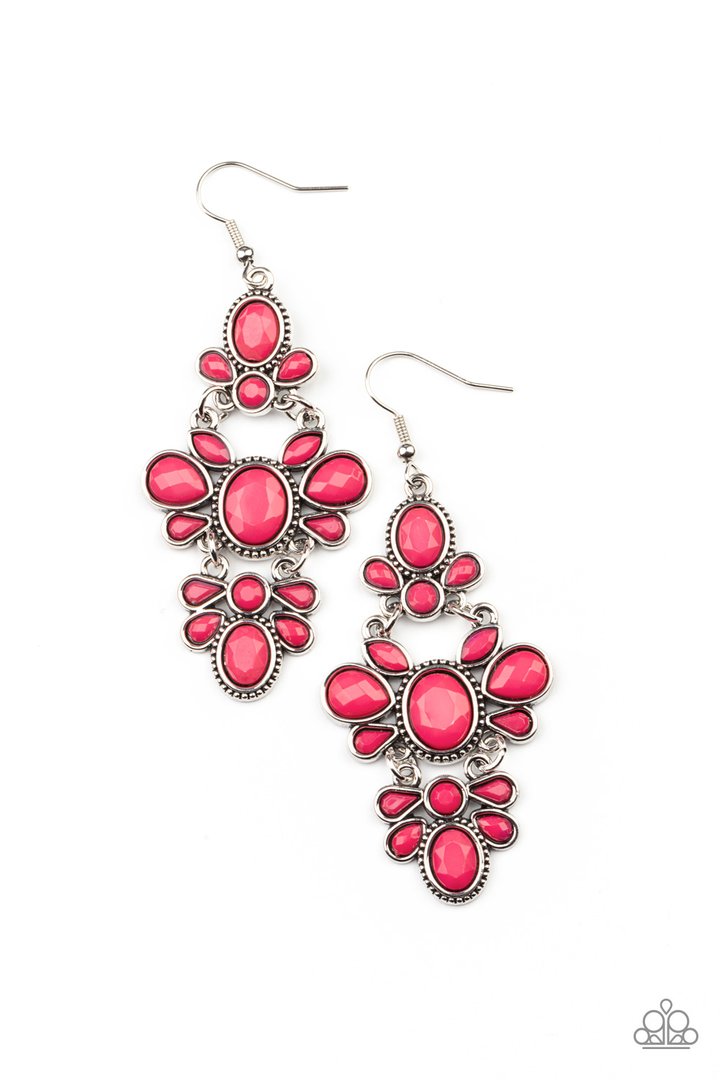 VACAY The Premises - Pink and Silver Earrings - Paparazzi Accessories - Featuring round, marquise, and teardrop shapes, a faceted collection of vivacious pink beads connect into three ornate frames that link into a single lure for a flirtatious effect. Earring attaches to a standard fishhook fitting. Sold as one pair of earrings.
