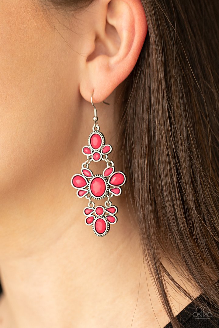 VACAY The Premises - Pink and Silver Earrings - Paparazzi Accessories - Featuring round, marquise, and teardrop shapes, a faceted collection of vivacious pink beads connect into three ornate frames that link into a single lure for a flirtatious effect. Earring attaches to a standard fishhook fitting. Sold as one pair of earrings.