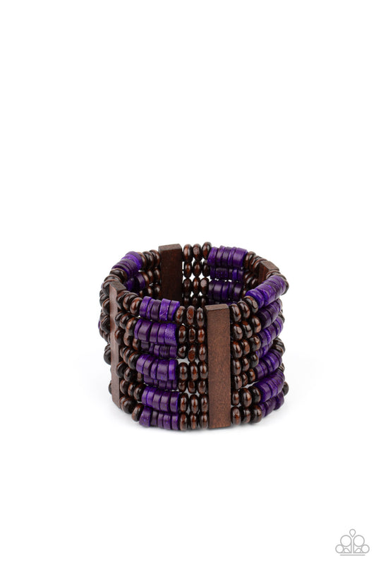 Vacay Vogue - Purple and Brown Bracelet - Paparazzi Accessories - Held together by rectangular wooden frames, rows of brown wooden and distressed purple discs are threaded along stretchy bands around the wrist for a seasonal pop of color around the wrist. Sold as one individual bracelet.
