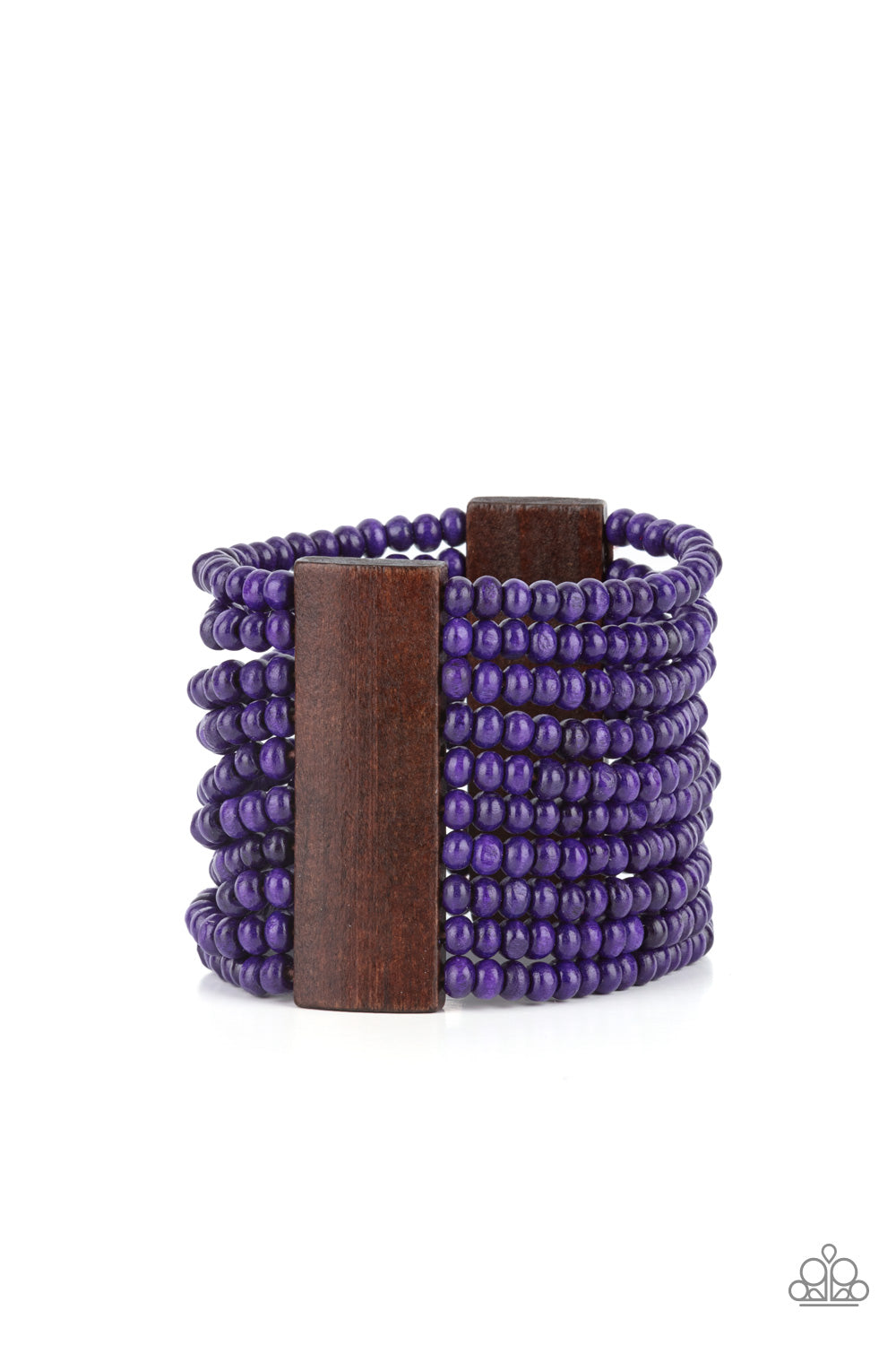 Waikiki Wonderland - Purple Wood Bracelet - Paparazzi Accessories - Held together with brown wooden rectangular frames, rows of vivacious purple wood beads are threaded along stretchy bands around the wrist for a whimsically layered look. Sold as one individual bracelet.