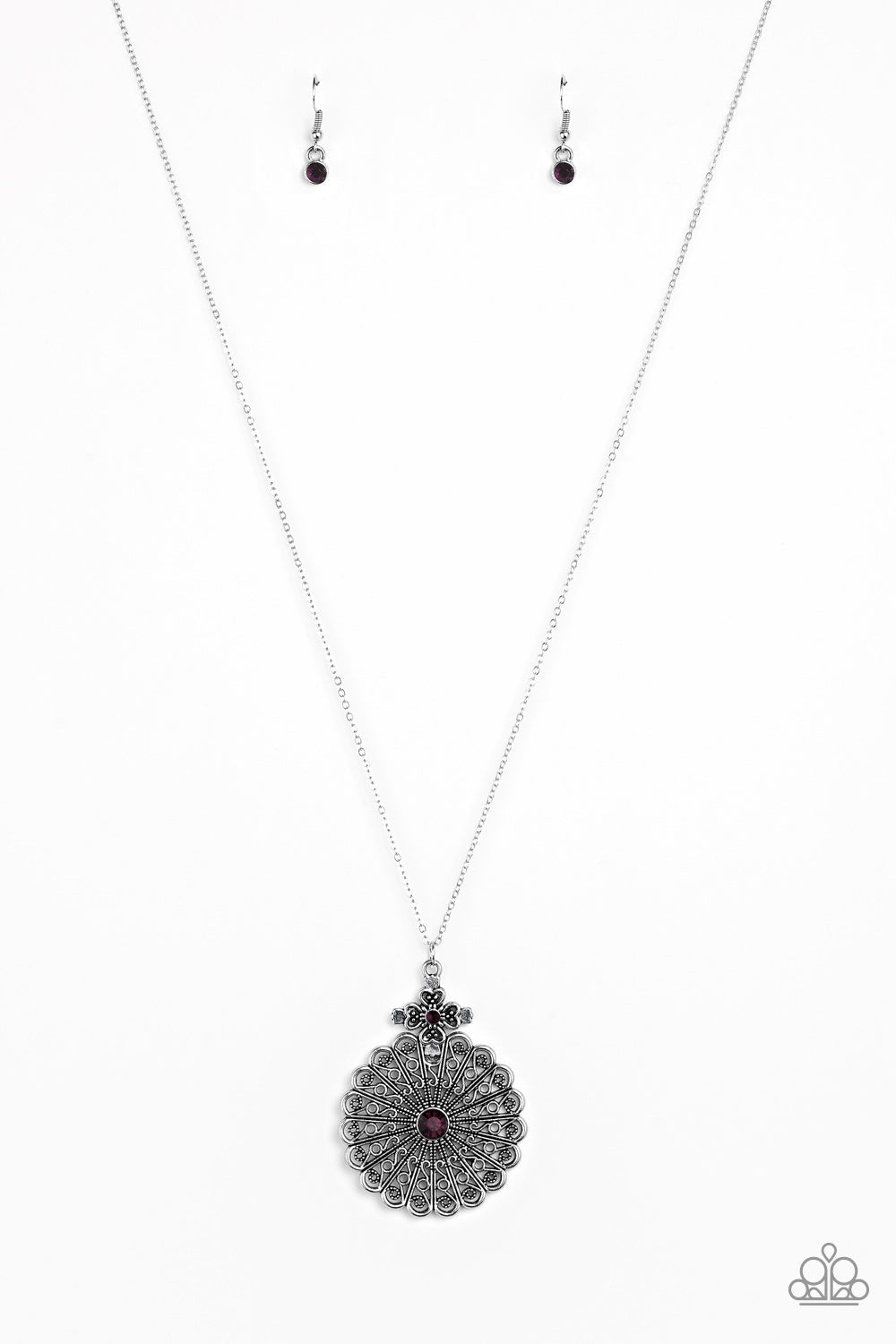 Walk On The WILDFLOWER Side - Purple Floral and Silver Necklace - Paparazzi Accessories - Filigree filled petals flare from a glittery purple rhinestone center, creating a whimsical floral pendant at the bottom of a lengthened silver chain. Features an adjustable clasp closure. Bejeweled Accessories By Kristie