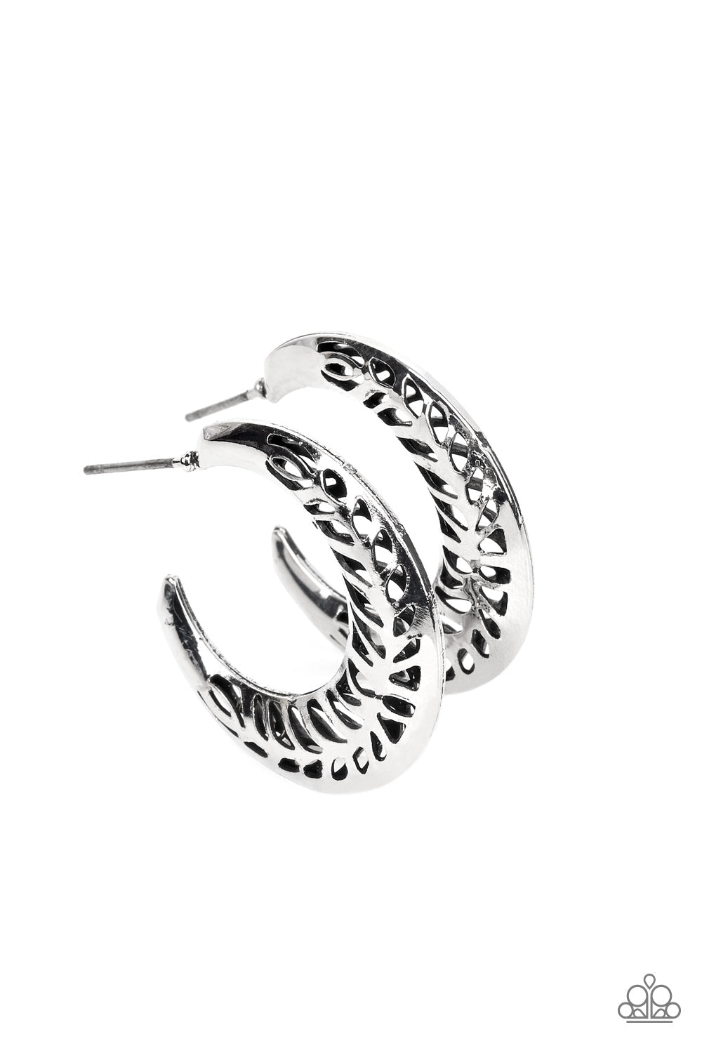 Wanderlust Wilderness - Silver Hoop Earrings - Paparazzi Accessories - Airy leafy cutouts climb two curved silver frames that join into a rustic hoop, resulting in a seasonal shimmer. Earring attaches to a standard post fitting. Hoop measures approximately 1 1/4" in diameter. Sold as one pair of hoop earrings.