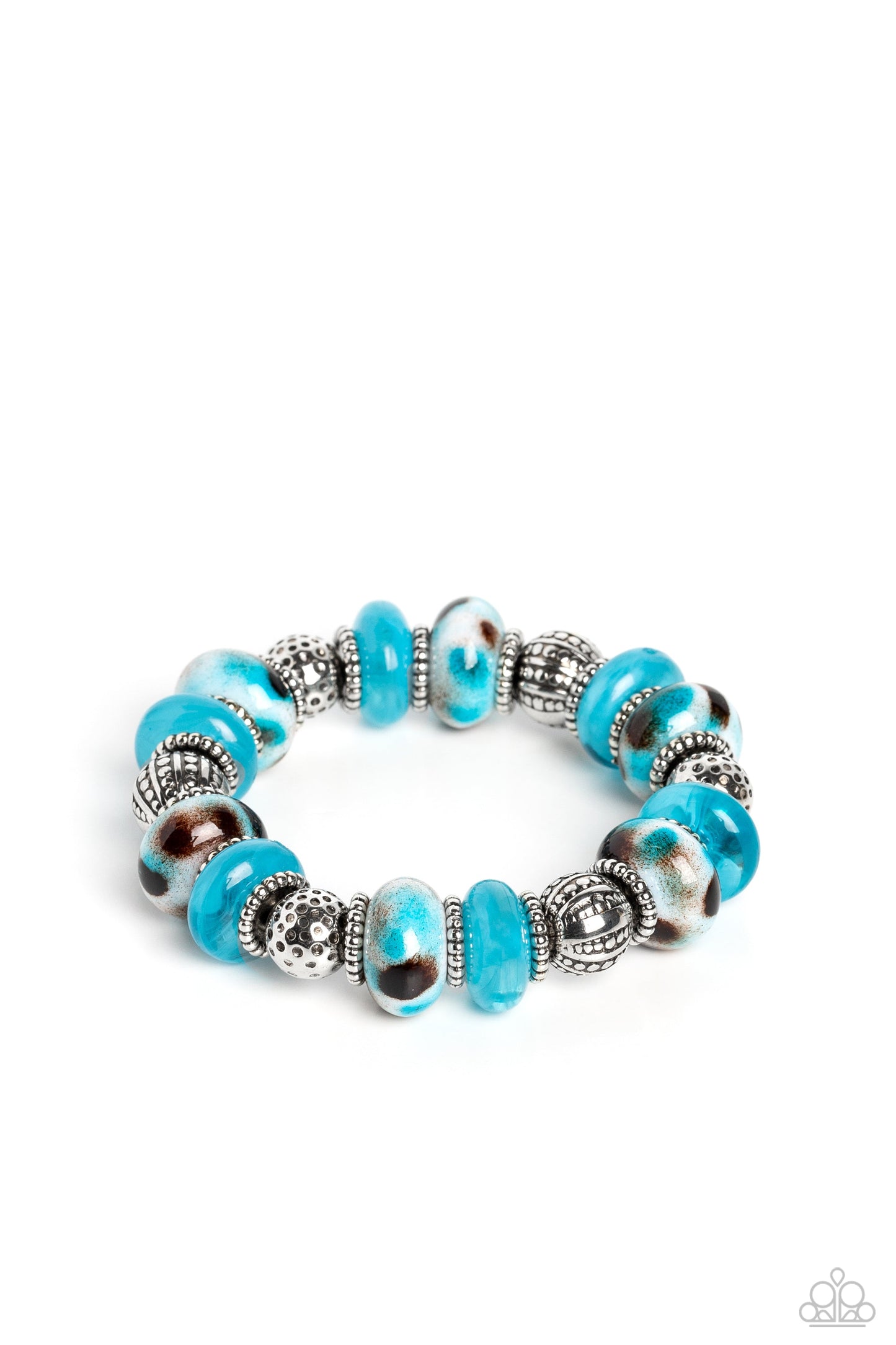 Warped Wayfarer - Blue Turquoise Bracelet - Paparazzi Accessories - An earthy collection of dotted silver beads, rounded milky turquoise beads, studded silver rings, turquoise-spotted ceramic-like beads and textured silver beads are threaded along an elastic stretchy band around the wrist for an authentic artisan flair.