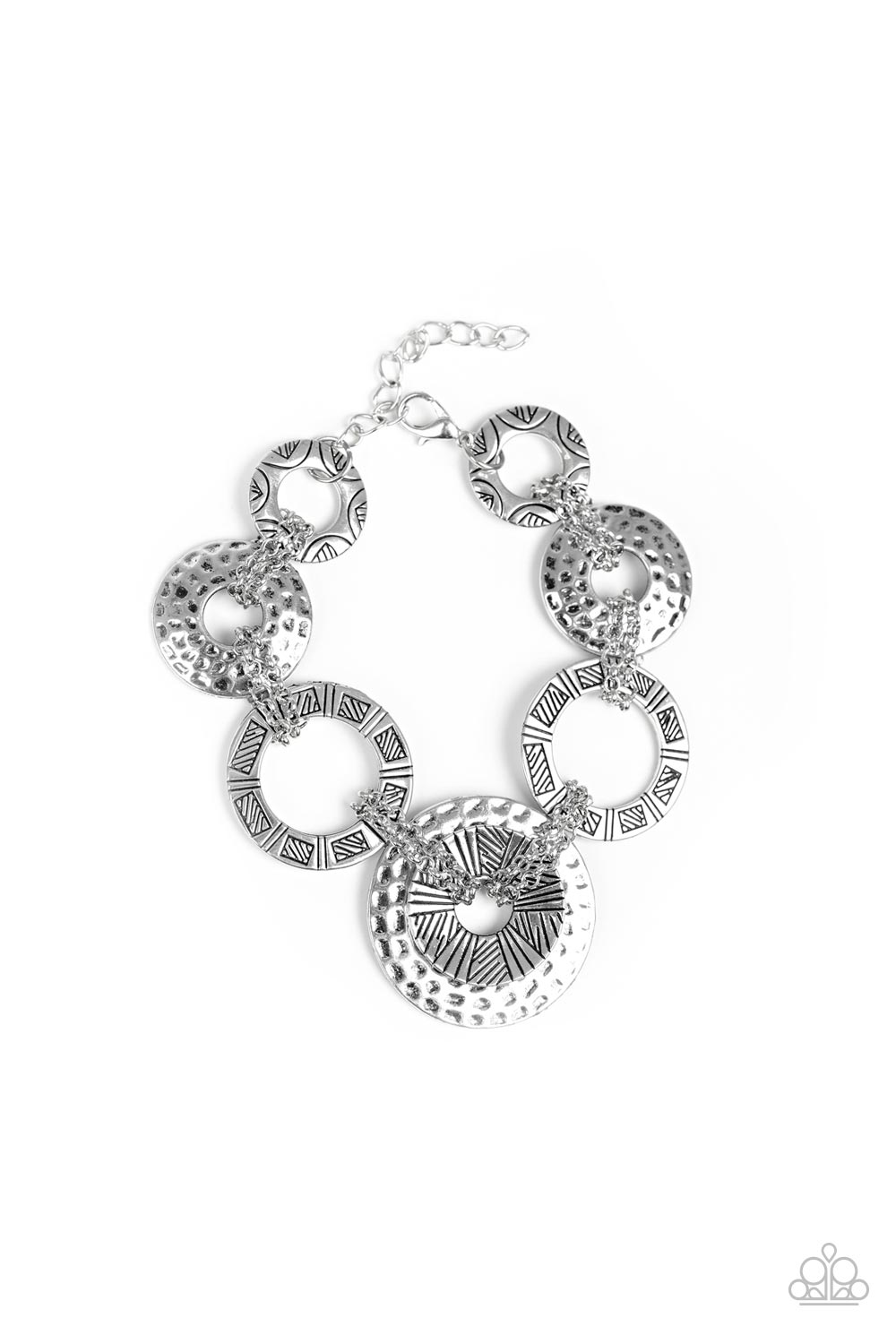 Way Wild - Silver Fashion Bracelet - Paparazzi Accessories - Stamped and hammered in an array of tribal-inspired patterns, shimmery silver frames are linked together by sections of tightly woven chains. Features an adjustable clasp closure.