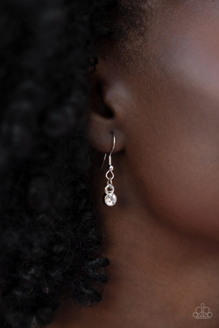 Wife of the Party - Silver Necklace - Paparazzi Accessories - Encased in sleek silver fittings, a bubbly collection of teardrop and round white rhinestones delicately connect into clustered frames below the collar for a sparkly, statement-making finish.
