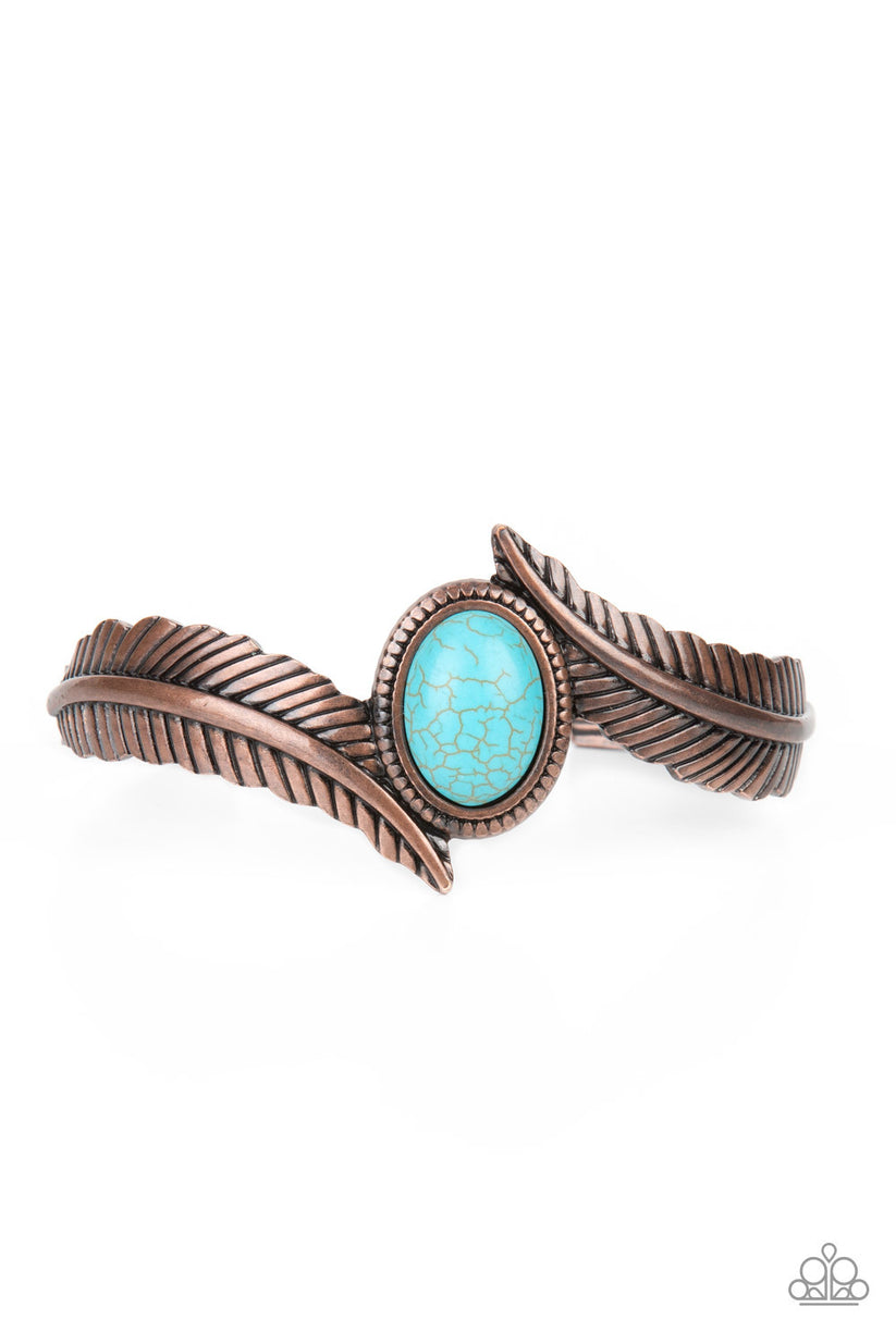 Wild Wild NEST - Turquoise and Copper Cuff Bracelet - Paparazzi Accessories - A refreshing turquoise stone dotted frame is nestled between two lifelike copper feathers, creating a free-spirited cuff around the wrist. Sold as one individual bracelet.