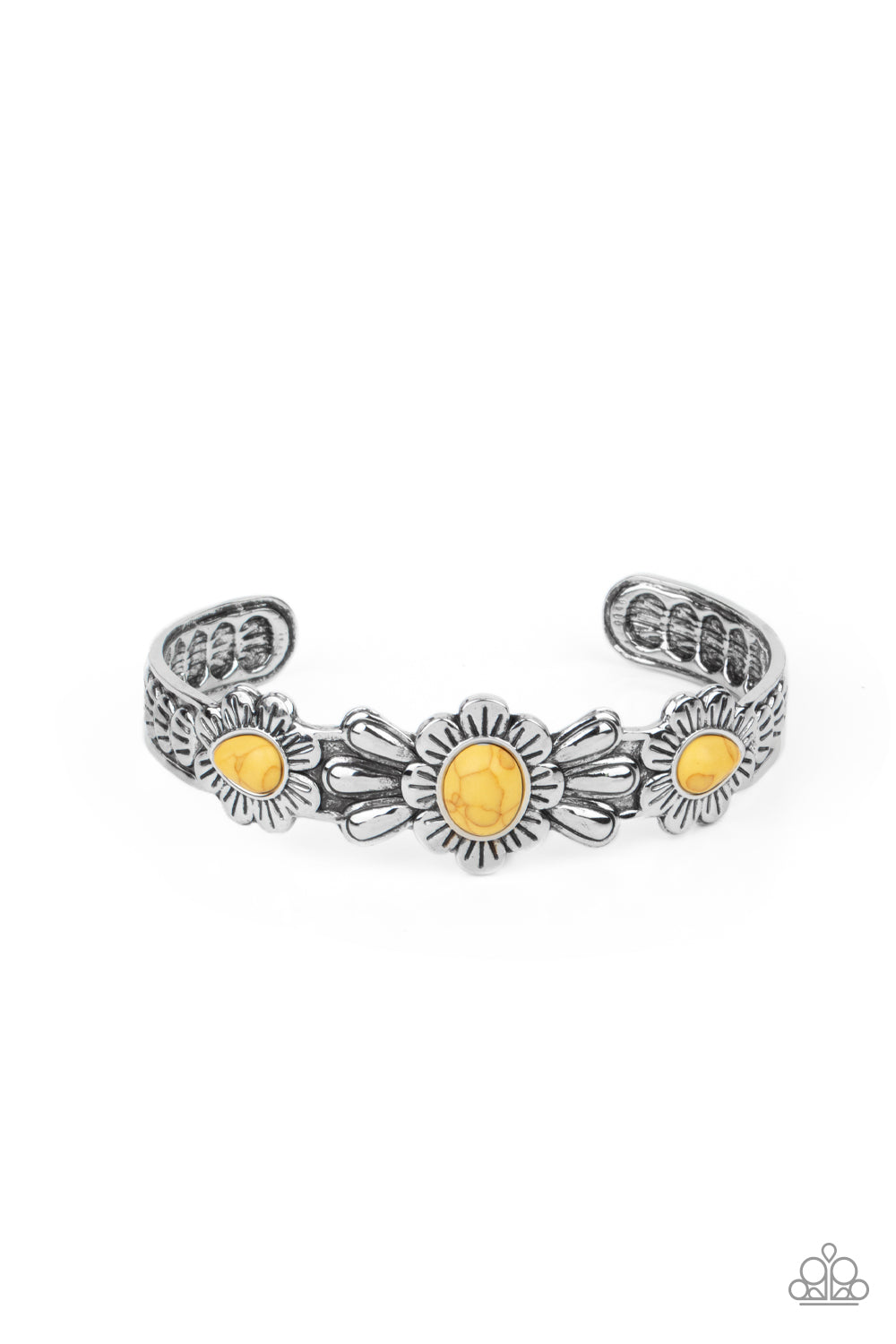 Winslow Walkabout - Yellow and Silver Bracelet - Paparazzi Accessories - Dotted with yellow stone centers, a trio of summery wildflowers are embossed across the front of a textured silver cuff for a seasonal pop of color.
