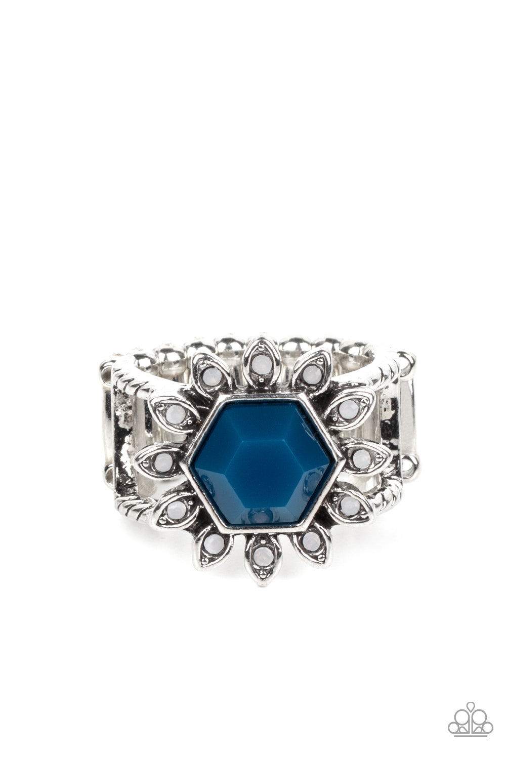 Wonderfully Wallflower - Blue and Silver Ring - Paparazzi Accessories Bejeweled Accessories By Kristie