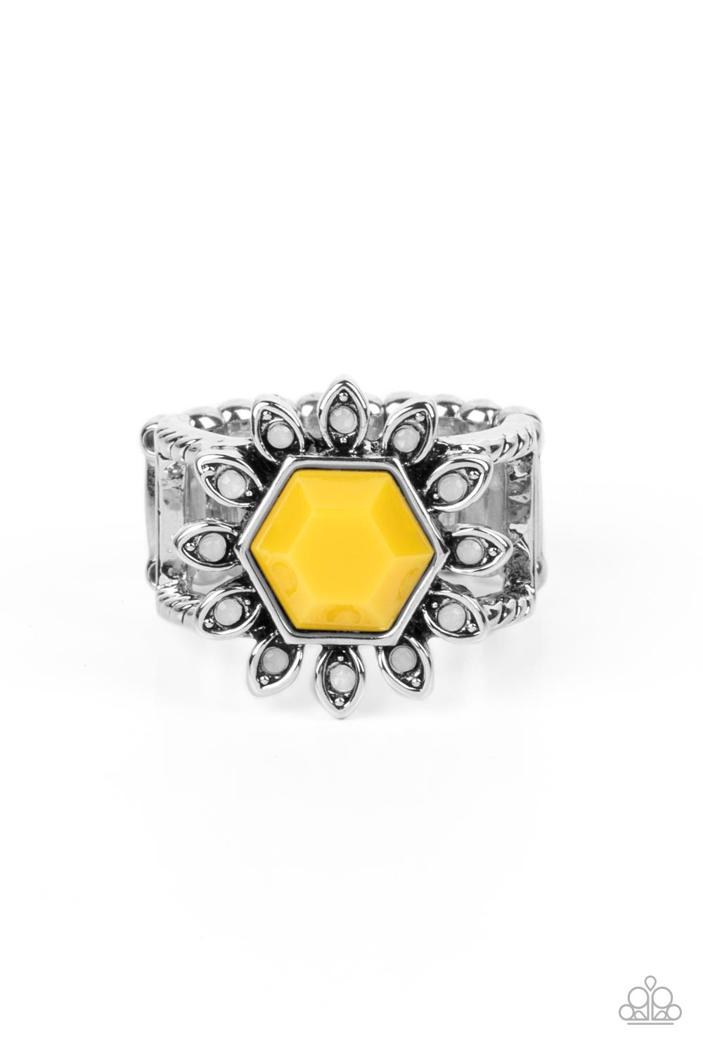 Wonderfully Wallflower - Yellow Ring - Paparazzi Accessories - A hexagon-shaped Samoan Sun bead is pressed into the center of an antiqued silver frame. Dainty silver petals dotted with white opalescent centers radiate around the defaced bead creating a whimsical allure atop a braided layered band.