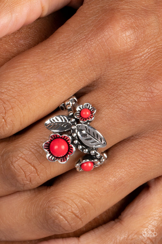 Wonderland Wildflower - Red and Silver Ring - Paparazzi Accessories - Silver flowers bloom from red stony centers, while detailed silver leaves haphazardly sprinkle across the free-spirited, floral arrangement. Features a dainty stretchy band for a flexible fit.