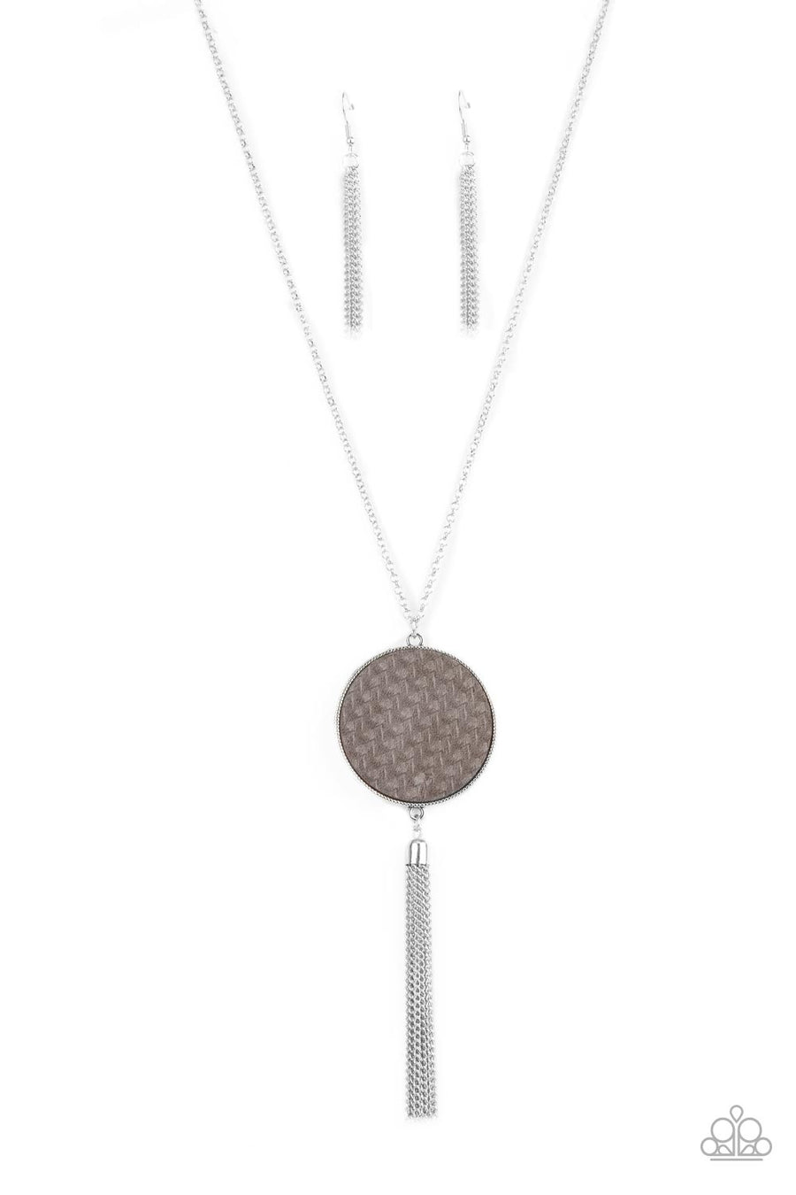 Wondrously Woven - Silver Necklace - Paparazzi Accessories - Ultimate Gray leather is pressed into a studded circular frame at the bottom of a lengthened silver chain. Capped in a frame, a silver chain tassel streams out from the colorful pendant.