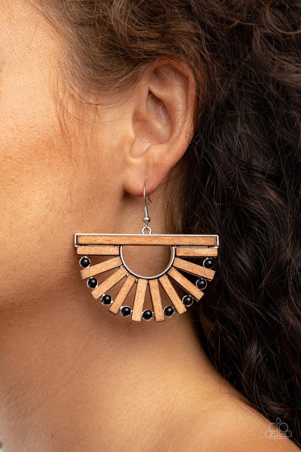 Wooden Wonderland - Black and Brown Earrings - Paparazzi Accessories - Wooden rectangular frames and dainty black beads alternate along an airy silver frame, coalescing into a radiant crescent for an earthy flair.