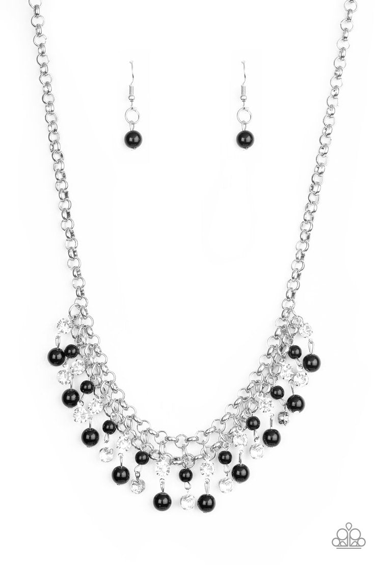 You May Kiss The Bride - Black and Silver Necklace - Paparazzi Accessories - Glittery white rhinestones and classic black beads swing from the bottom of interlocking silver chains, creating a bubbly fringe below the collar stylish fashion necklace.