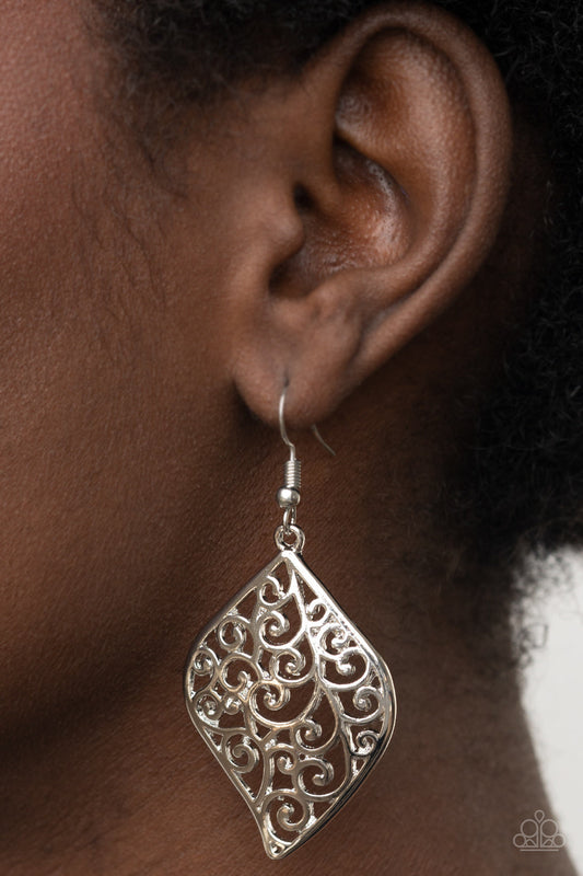 Your Vine Or Mine - Silver Earrings - Paparazzi Accessories - Silver floral filigree vines permeate a refreshing leaf-shaped frame, creating a romantically idyllic lure. Earring attaches to a standard fishhook fitting. Sold as one pair of earrings.