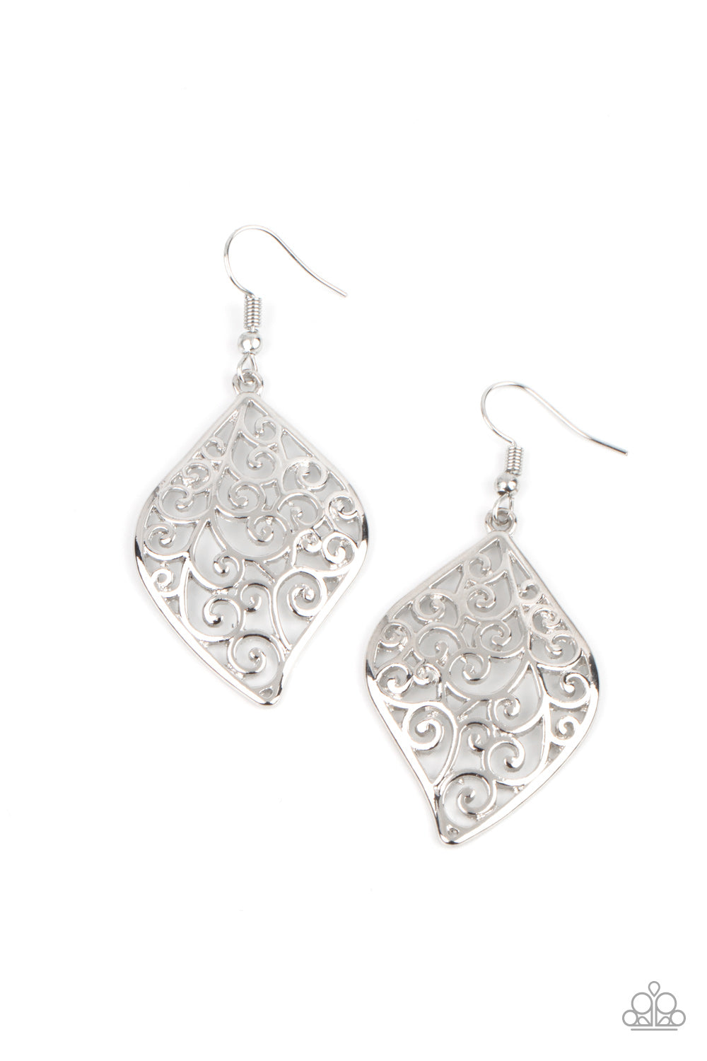 Your Vine Or Mine - Silver Earrings - Paparazzi Accessories - Silver floral filigree vines permeate a refreshing leaf-shaped frame, creating a romantically idyllic lure. Earring attaches to a standard fishhook fitting. Sold as one pair of earrings.
