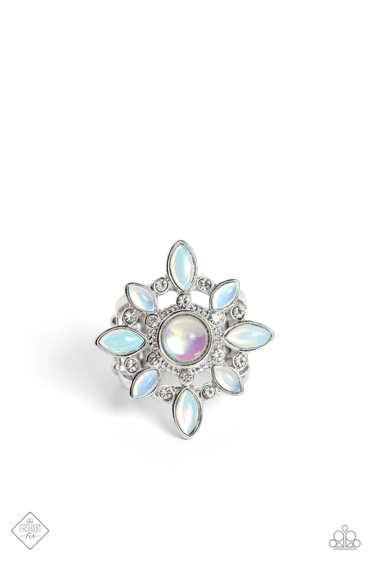A Summer Spell - Green and Silver Ring - Paparazzi Accessories - Marquise-cut beads in an ethereal, opalescent shade of green fan out around a rounded center of the same hue to create a floral-inspired design. White rhinestones dot the radiating silver frames that support the structure, introducing a hint of sparkle that magnifies the reflective sheen of the glossy beads. Features a stretchy band for a flexible fit. Sold as one individual ring.