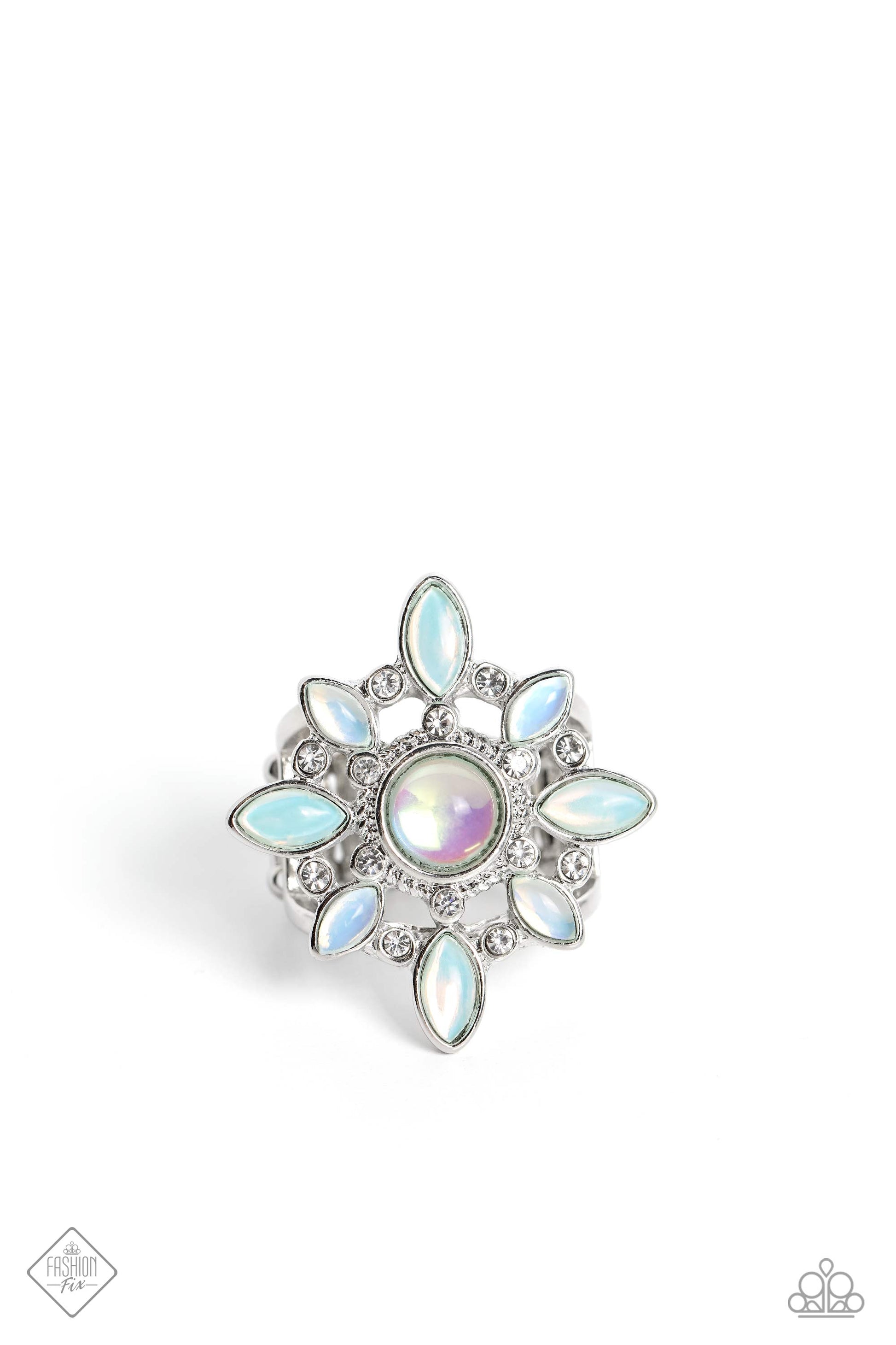 A Summer Spell - Green and Silver Ring - Paparazzi Accessories - Marquise-cut beads in an ethereal, opalescent shade of green fan out around a rounded center of the same hue to create a floral-inspired design. White rhinestones dot the radiating silver frames that support the structure, introducing a hint of sparkle that magnifies the reflective sheen of the glossy beads. Features a stretchy band for a flexible fit. Sold as one individual ring.