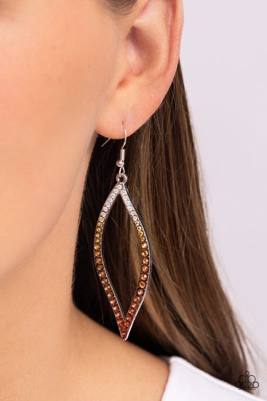 Admirable Asymmetry - Multi Color Ombre Earrings - Paparazzi Accessories - A glistening asymmetrical silver leaf-like frame is encrusted in glassy white rhinestones that gradually fade from brass to copper, creating a colorful ombre effect for a statement-making look.