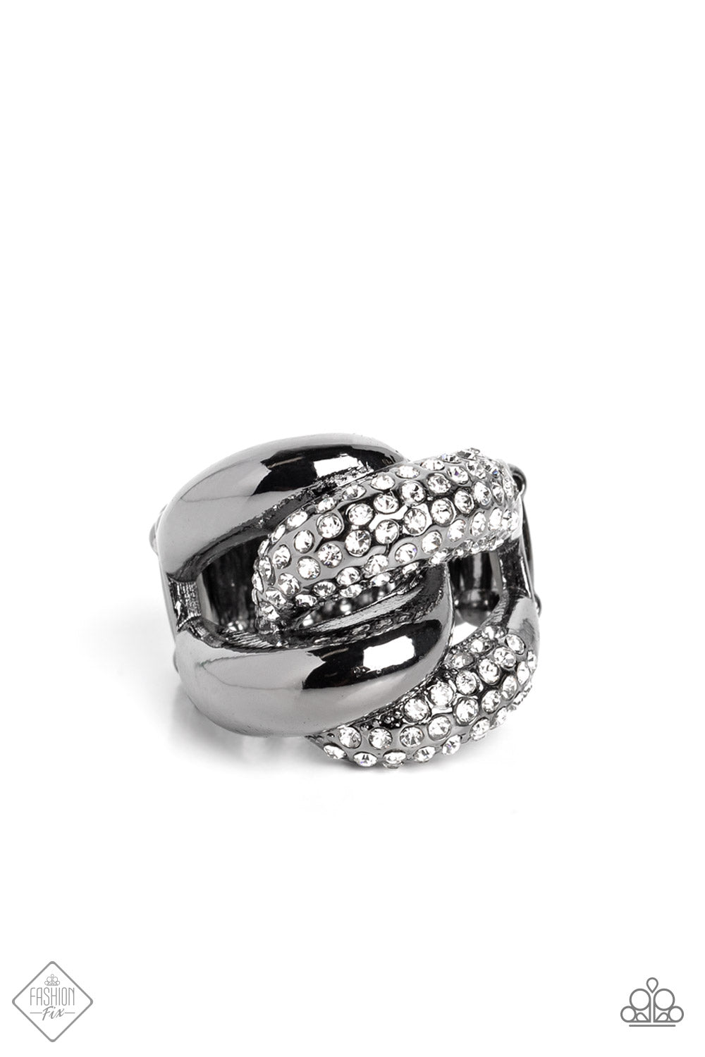 Alluring Ace - Black Gunmetal Ring - Paparazzi Accessories - A pair of oversized, rounded chain links interlock across the top of the finger, creating an unflinching statement piece. One gunmetal link is coated in sparkling white rhinestones, while the other emits a radiant sheen from its polished surface, resulting in a flawless mashup of grit and glitz.
