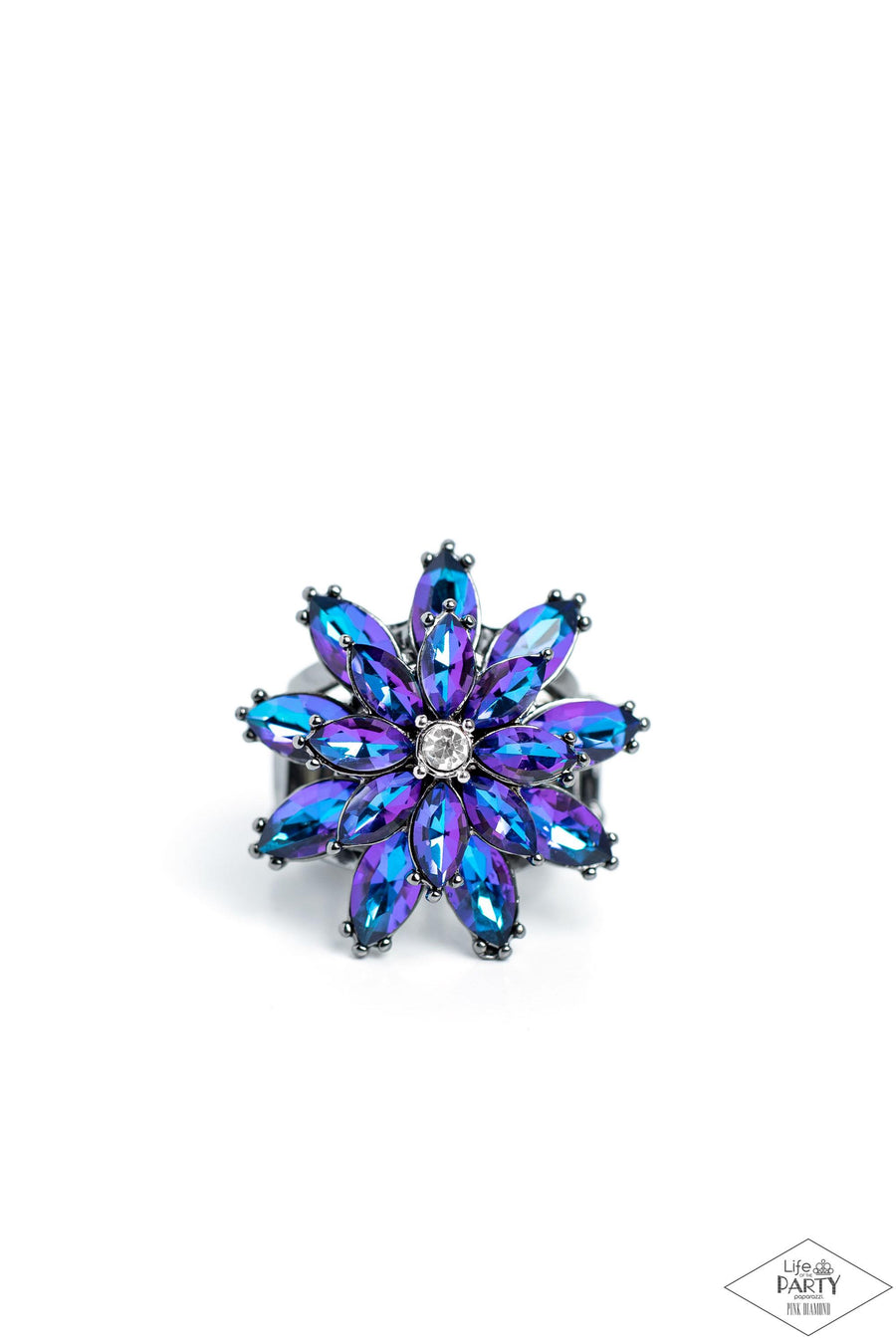 Am I GLEAMing? Multi Blue Iridescent Ring - Paparazzi Accessories -Glittery blue iridescent rhinestone petals stack into a glamorous floral frame atop the finger, creating a blinding centerpiece. Features a stretchy band for a flexible fit. Due to its prismatic palette, color may vary.  Sold as one individual ring.