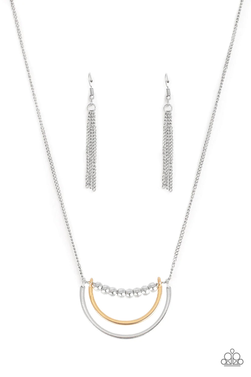 Artificial Arches - Silver Necklace - Paparazzi Accessories - A strand of shiny silver beads give way to bowing gold and silver frames, creating an edgy pendant below the collar.