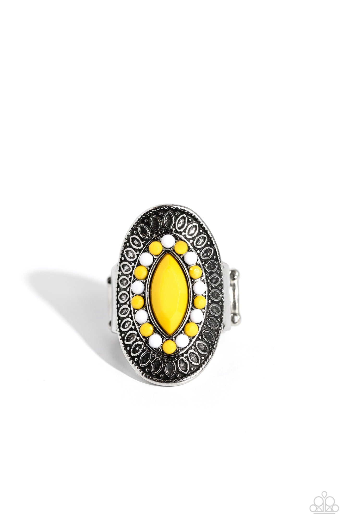 ARTISAN Expression - Yellow and Silver Ring - Paparazzi Accessories - Dainty Samoan Sun and white beads encircle an oversized marquise-cut Samoan Sun bead inside a border of silver petals, resulting in a seasonal pop of color atop the finger.