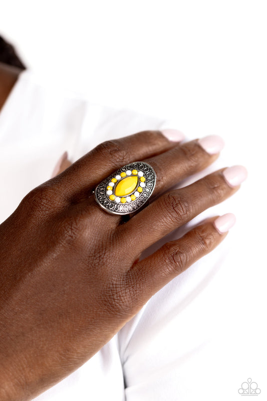 ARTISAN Expression - Yellow and Silver Ring - Paparazzi Accessories - Dainty Samoan Sun and white beads encircle an oversized marquise-cut Samoan Sun bead inside a border of silver petals, resulting in a seasonal pop of color atop the finger.