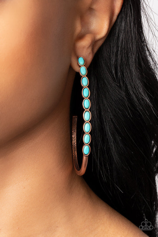 Artisan Soul - Copper and Turquoise Hoop Earrings - Paparazzi Accessories - Oval turquoise stones are pressed into the front of a dramatically oversized copper j-shaped hoop, adding an artisan twist to the trendsetting design.