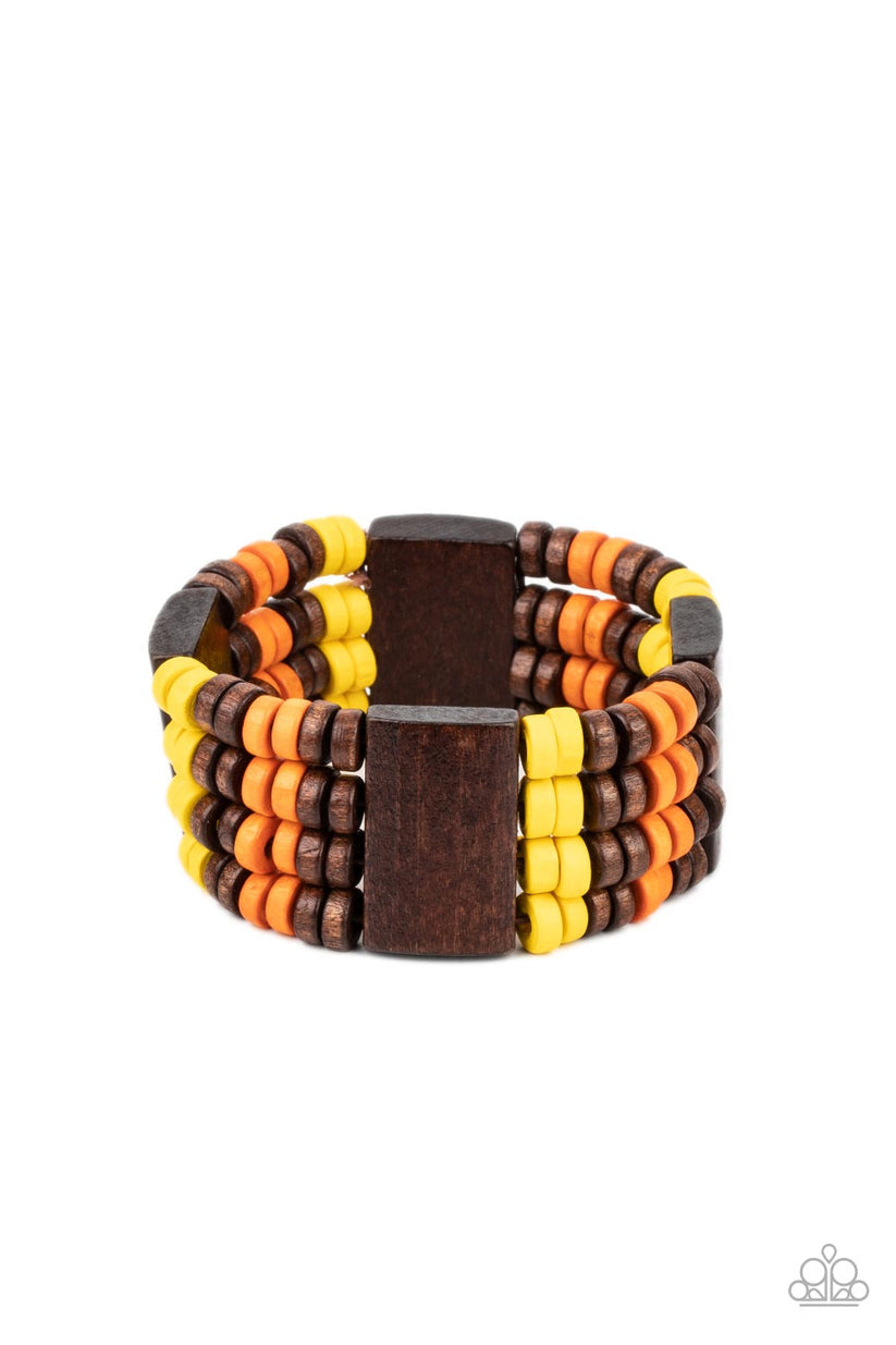 Aruba Attire - Multi Color - Wood Bracelet - Paparazzi Accessories - Rows of earthy brown, Illuminating, and Burnt Orange wooden discs join rectangular brown wooden frames along stretchy bands around the wrist for a simply seasonal look. Sold as one individual bracelet.