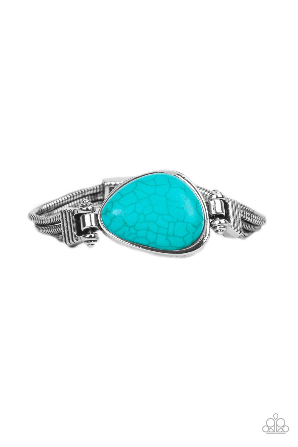 Badlands Bounty - Blue Turquoise and Silver Bracelet - Paparazzi Accessories - Textured silver frames hold in place rows of silver rounded snake chain around the wrist. An asymmetrical turquoise stone pendant adorns the center of the earthy compilation, adding a rustic pop of color. Features a fold over clasp closure. Sold as one individual bracelet.
