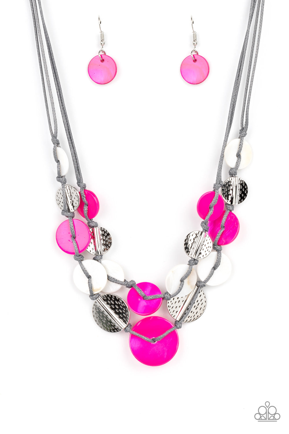 Paparazzi Accessories - Vibrant pink and white shells interlace with silver dotted, hammered discs to create a refined pop of color. Held together by soft gray cording, this piece will blend in with beaches near you!