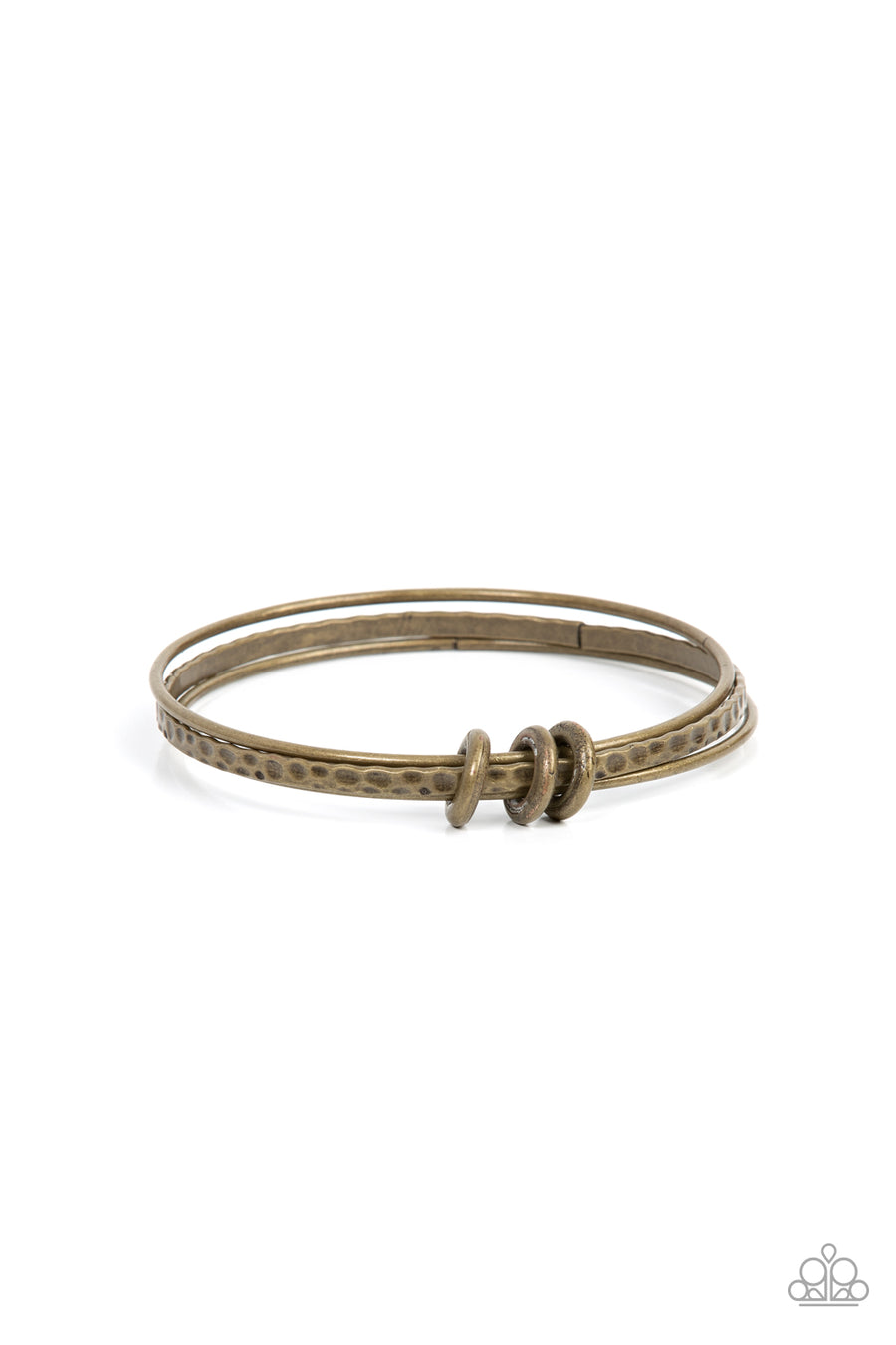 Bauble Bash - Brass Bracelet - Paparazzi Accessories - A trio of brass bangles featuring smooth and hammered textures mingles together around the wrist. Three simple brass rings encircle and slide along the bangles, elevating the simple combination into an artistic expression. Sold as one set of three bracelets.