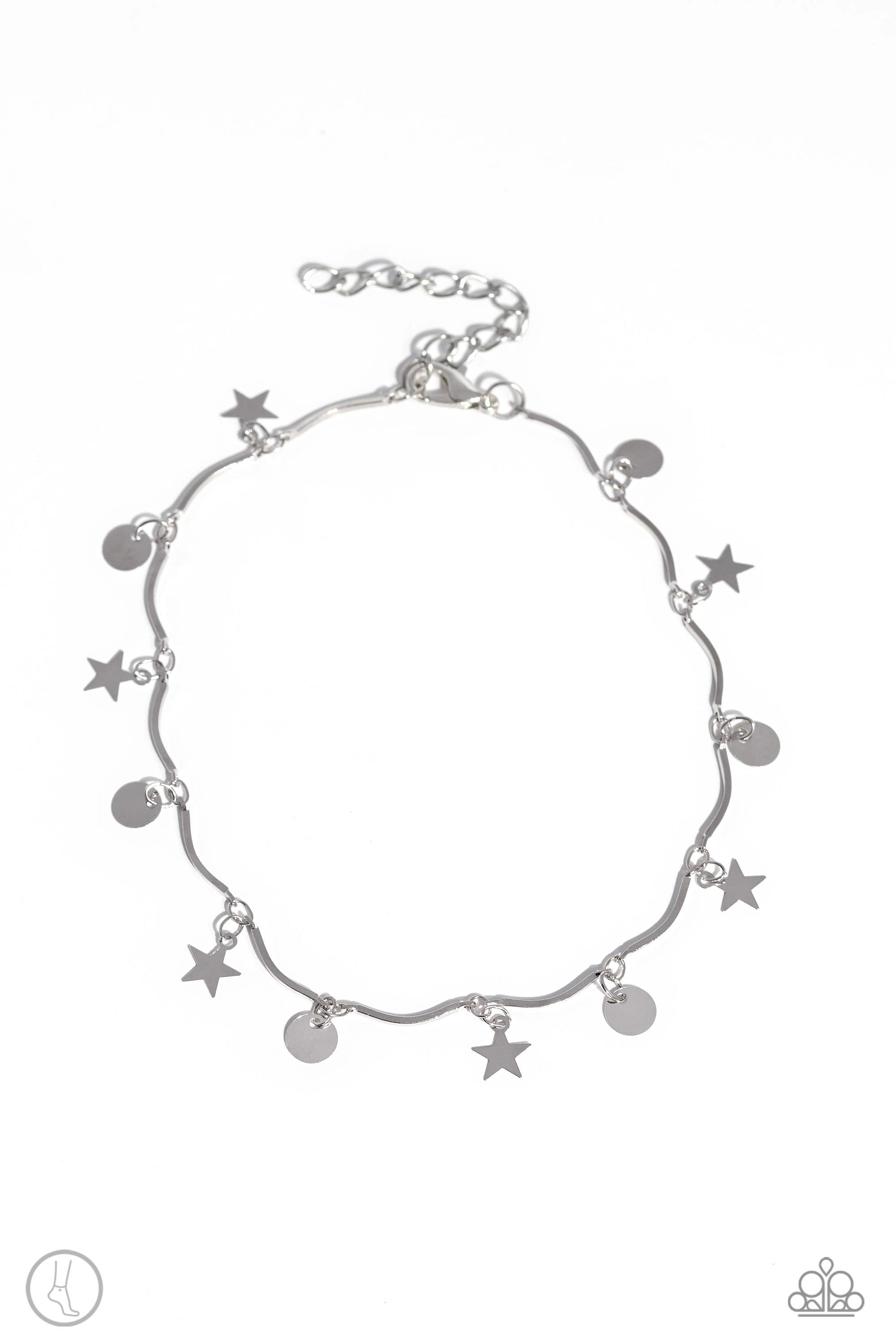BEACH You To It - Silver Anklet - Paparazzi Accessories - A fringe of sleek silver stars and discs swings from a dainty silver overlay chain, creating whimsical movement around the ankle. Features an adjustable clasp closure. Sold as one individual anklet.