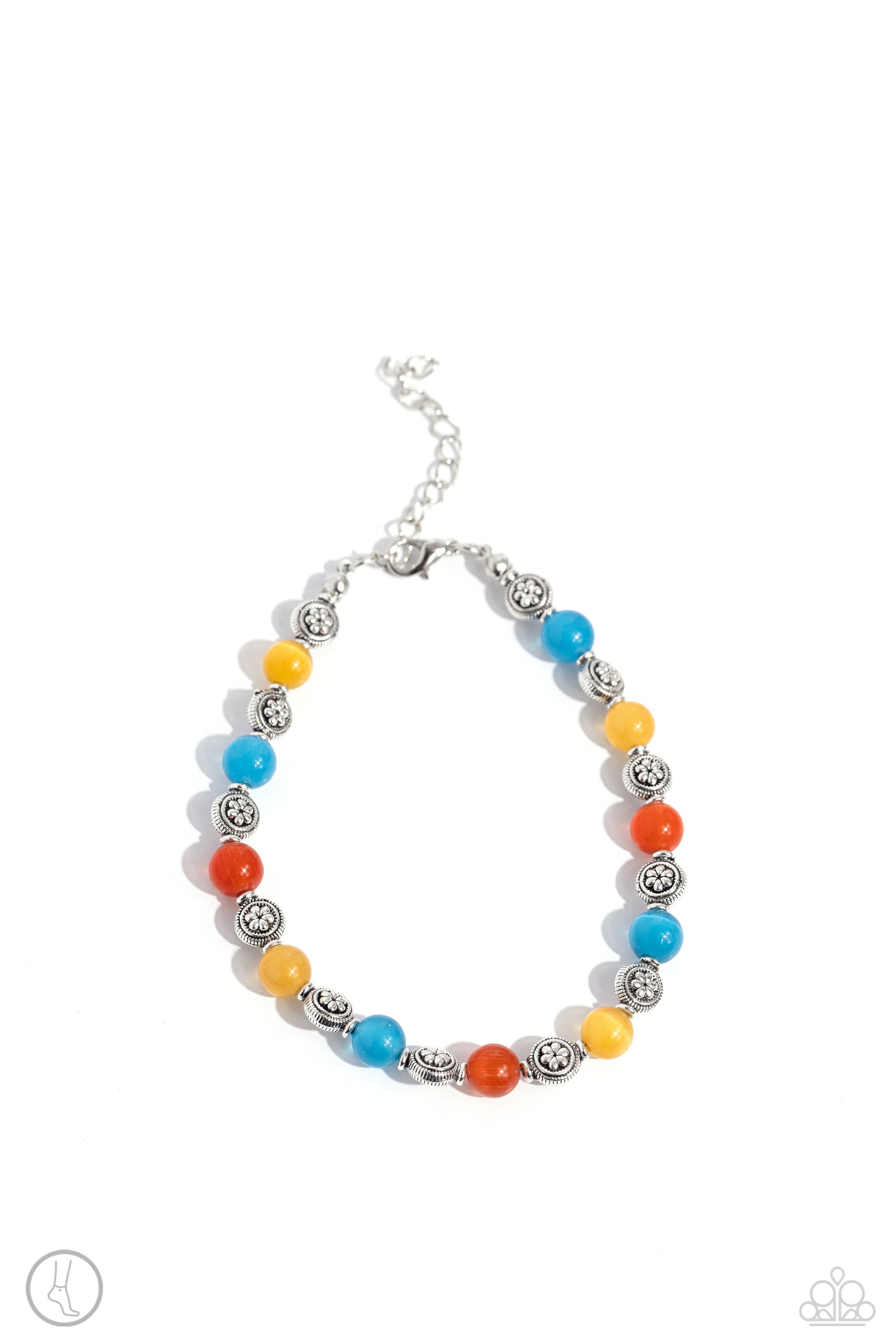 Beachy Bouquet - Multi Color Anklet - Paparazzi Accessories - Infused along an invisible wire, a glowing collection of blue, orange, and yellow cat's eye stones alternate with floral motif textured silver beads for a beachy statement around the ankle. Features an adjustable clasp closure. Sold as one individual anklet.