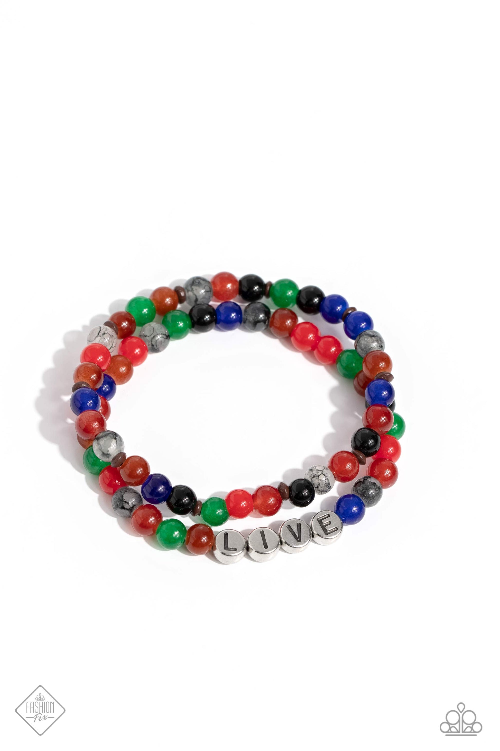 BEAD That As It May - Multi Color Bracelet - Paparazzi Accessories - Countless stone beads in a range of vibrant colors are threaded along a pair of stretchy bands to create a stack of earthy bracelets. Silver discs stamped with black letters are centered within one of the colorful strands, spelling out the word, "LIVE," in an inspirational finish. Sold as one set of two bracelets.
