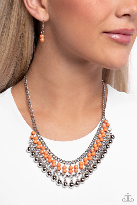 Beaded Bliss - Orange and Silver Necklace - Paparazzi Accessories - Threaded along dainty silver rods, stacks of refreshing orange stone beads give way to a row of shiny silver beads, creating an earthy fringe below the collar.