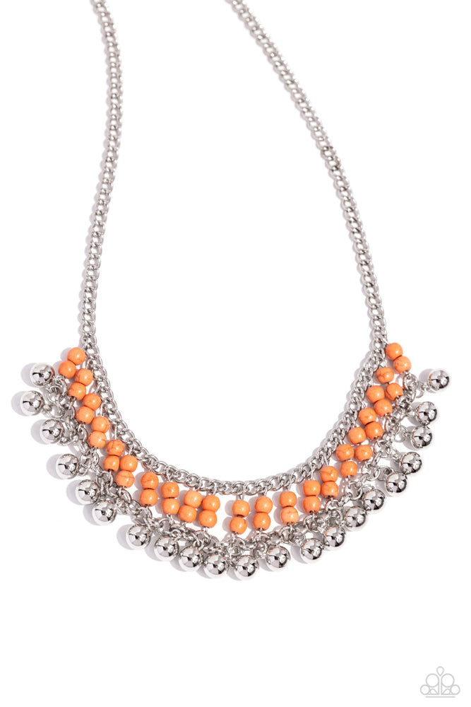 Beaded Bliss - Orange and Silver Necklace - Paparazzi Accessories - Threaded along dainty silver rods, stacks of refreshing orange stone beads give way to a row of shiny silver beads, creating an earthy fringe below the collar.